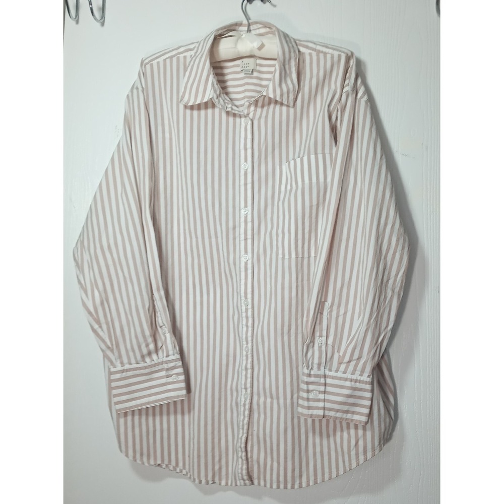 A new day womens XXL 2XL Tan White  Striped Collared Shirt Button Down loose